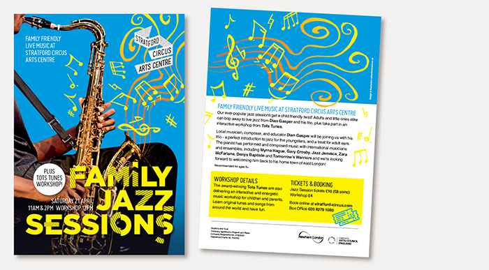 Design of Family Jazz Sessions flyers for Stratford Circus Arts Centre